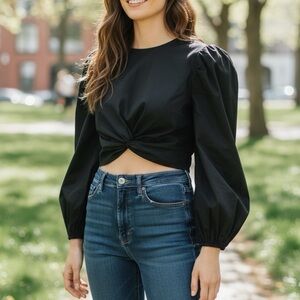 Reformation Derek Top Black crop top puff sleeve Twist Front Cotton Sz 12